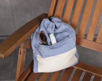 Sac de plage bleu saxophone peshtemal turc, sac de bain de soleil pliable en coton bio, sac de voyage d'été fait main