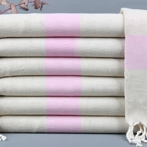 Toalla de playa orgánica, toallas de algodón orgánico, toalla de rayas rosa en polvo, toalla de lino de 36x71 pulgadas, toallas de despedida de soltera, peshtemal de invitados,
