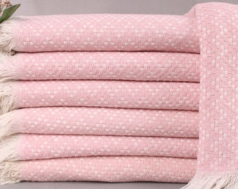 Large Towel, Turkish Blanket, Light Powder Pink Blanket, Herringbone Throw, 67x75 Inches Organic Cotton Bedspread, Beach Blanket,