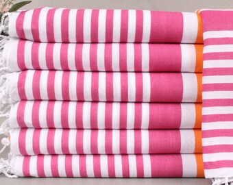 Wedding Favors for Guests, Monogram Beach Towel, Fuchsia-Orange Towel, Striped Towel, 36x67 Inches Monogram Turkish Beach Towel,