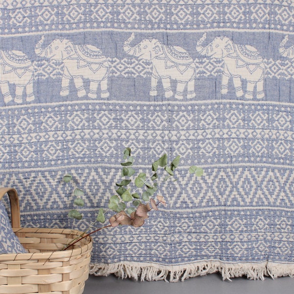 Turkish Bedspread, Turkish Throw Blanket, Sax Blue Bedspread, Elephant Bedcover, Animal Throw, Print Bedspread, 83x87 Inches Couch Cover,