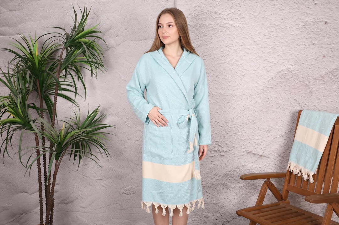 Spa Robe, Aqua Hooded Turkish Towel Bathrobe, L Size - Etsy