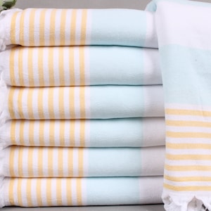 Personalized Turkish Beach Towel, Personalized Gifts, Mint-Yellow Peshtemal, Striped Towel, Terry Towel, 36x67 Inches Chic Shawl,