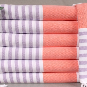 Turkish Beach Towel Personalized, Personalized Turkish Towel, Lilac-Coral Towel, Striped Towel, 40x71 Inches Bride Beach Towel,