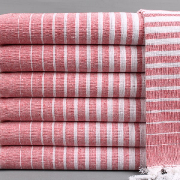 Organic Beach Towel, Turkish Towel, Striped Red Peshtemal, 40x69 Inches Personalized Gifts, Travel Peshtemal, Hammam Peshtemal, Fouta Towel,