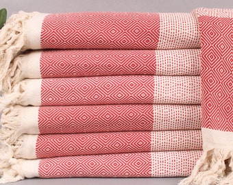 Handwoven Blanket, Beach Blanket, Red Throw, Diamond Blanket, 79x103 Inches Organic Cotton Bedspread, Gift Throw, Couch Throw,