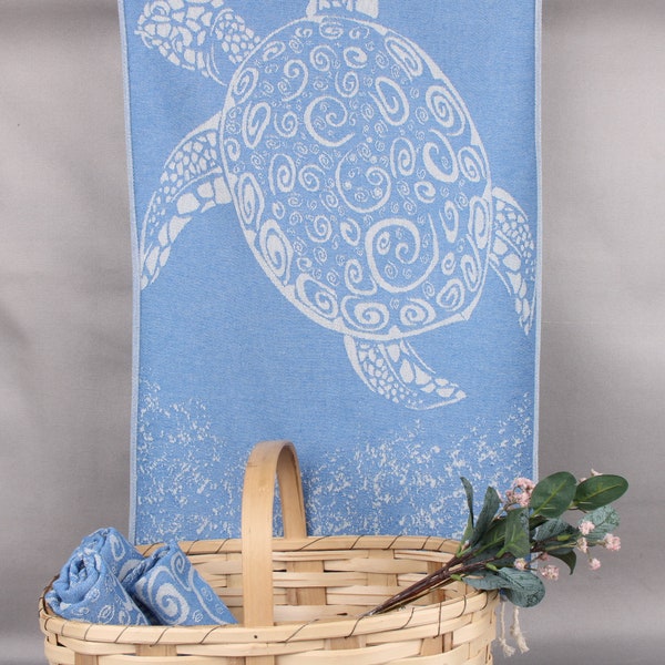 Tea Towel Embroidery Designs, Custom Embroidered Hand Towel, Petrol Blue Towel, Carretta Towel, Patterned Towel, Animal Towel, Print Towel,