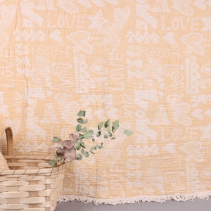 Turkish Blanket, Picnic Blanket, Mustard Bedcover, Love Bedcover, Print Throw, Patterned Bedspread, 75x97 Inches Wedding Gift Blanket,