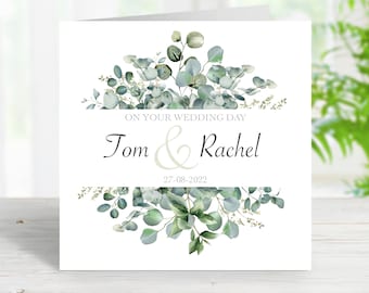 Personalised Wedding Card * ADD NAMES / DATE * Wedding Day Just Married Newly Weds Keepsake Botanical Eucalyptus Flowers Greenery Foliage