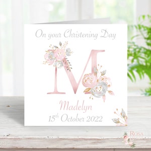 Personalised PINK FLORAL Christening Card - Choose Letter / Add Any Name / Date - perfect for Baby Girl Daughter etc on Christening Day