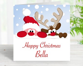 Personalised Father Christmas & Rudolf Xmas Card - ADD ANY NAME - Kids Child Children Boy Girl School Friend - Happy Xmas - Santa Snow Theme