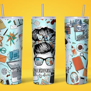 May include: Three stainless steel tumblers with a light blue background and various office-themed illustrations. The center tumbler features a woman with a messy bun and the text "#countmanagelife".