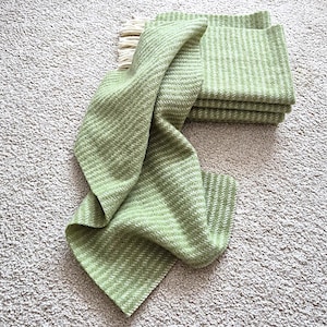 May include: A folded green blanket with a striped pattern and a fringe. The blanket is made of a soft, textured material and is folded on a light-colored carpet. The blanket is a light green color.
