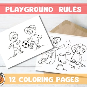 May include: Black and white coloring pages featuring children playing on a playground. The first page shows two children playing soccer. The second page shows two children playing in a sandbox.