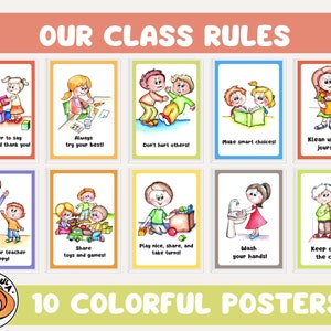 Reglas de clase simples para preescolar y guardería. 10 carteles coloridos para las aulas de guardería. Gestión de clases e ideas de diseño. PDF, JPG.