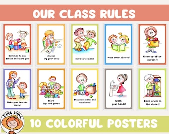 Simple class rules for preschool and daycare. 10 colrful posters for kindergarten Classrooms. Class management and design ideas. PDF, JPG.