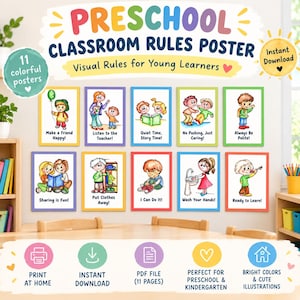 Puede incluir: Un conjunto de 11 pósteres coloridos con reglas de aula para preescolar que incluyen ilustraciones de niños y texto como Make a Friend Happy, Listen to the Teacher, Quiet Time, No Pushing, Always Be Polite, Sharing is Fun, Put Clothes Away, I Can Do It, Wash Your Hands y Ready to Learn.