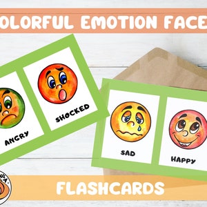 Colorful Emotion Faces Flashcards. Feelings Cards, Emotions chart, School Counselor, Preschool, Kindergarden, Daycare, Learning emotions.