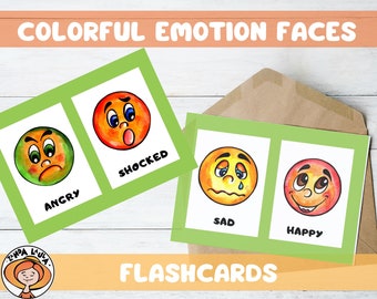 Colorful Emotion Faces Flashcards. Feelings Cards, Emotions chart, School Counselor, Preschool, Kindergarden, Daycare, Learning emotions.