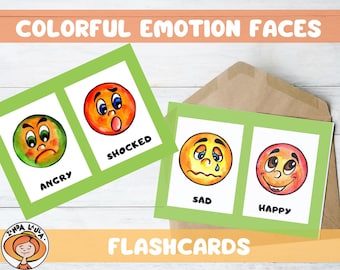 Colorful Emotion Faces Flashcards. Feelings Cards, Emotions chart, School Counselor, Preschool, Kindergarden, Daycare, Learning emotions.