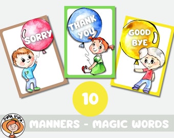 May include: Three rectangular cards featuring watercolor illustrations of children holding balloons. One card shows a boy with a pink balloon labeled SORRY, one shows a girl with a blue balloon labeled THANK YOU, and one shows a boy with a yellow balloon labeled GOOD BYE.