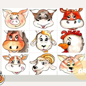 9 páginas de ilustração de animais de fazenda para atividades criativas. Em tons neutros Vaca, porco, gato, cavalo, galo, touro, carneiro, cabra, bezerro.