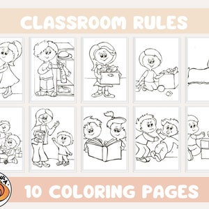 Könnte beinhalten: Zehn Schwarzweiß-Malvorlagen mit Kindern, die Klassenzimmerregeln veranschaulichen. Zu den Regeln gehören Händewaschen, Spielzeug wegräumen, Teilen, dem Lehrer zuhören und freundlich zu anderen sein.
