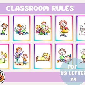 Könnte beinhalten: Klassenzimmer-Regelposter mit bunten Rändern und Illustrationen von Kindern. Die Poster zeigen verschiedene Klassenzimmerregeln, wie z. B. dem Lehrer zuzuhören, Spielzeug aufzuräumen und freundlich zu anderen zu sein.