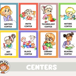 May include: Colorful illustrated cards with children representing different learning centers in a classroom. The centers include writing, math, technology, nature, art, block, library, and reading.