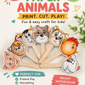 May include: A digital craft kit featuring 22 paper animals with watercolor designs. The image displays seven animal face cutouts attached to wooden sticks, including a pig, dog, cow, and chicken. Text includes 22 EASY PAPER ANIMALS, PRINT. CUT. PLAY!, and PDF INSTANT DOWNLOAD.