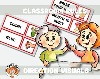 May include: Educational classroom rules and direction visuals featuring watercolor illustrations of children. Cards display text including CLASSROOM RULES, RAISE YOUR HAND, MOUTH IS QUIET, CLEAN, and GLUE, accompanied by icons of hands, lips, and art supplies.