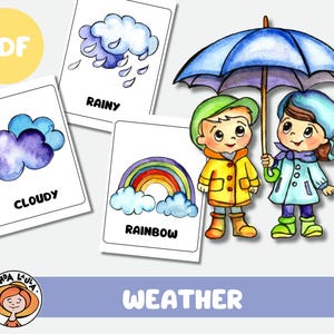 28 Weather cards for children - With Names, Weather Coloring Pages, 4 Seasons, Daycare Learning Printable, Party Activity - A4 and US Letter