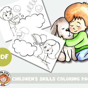 May include: A black and white colouring page featuring a child hugging a dog. The child has brown hair and is wearing a green shirt and blue trousers. The dog is grey and has a brown nose. The page is titled "Children's Skills Colouring Pages".