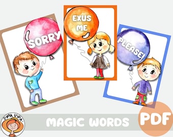May include: Three rectangular cards featuring watercolor illustrations of children holding balloons. The balloons display the text SORRY, EXUS ME, and PLEASE. The cards have brown, orange, and blue borders. A logo with a girl and the text MAGIC WORDS PDF is visible.