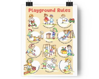 May include: A colorful poster with illustrations of children playing on a playground. The poster lists rules for playground behavior, such as "Be careful", "Look after each other", "We are tidy", "Safety first always", and "Respect and politeness are our values".