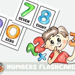 Colorful Illustrative numbers flashcards for toddlers. Printable Number Flashcards With Words. Preschool kindergarten learning numbers. PDF