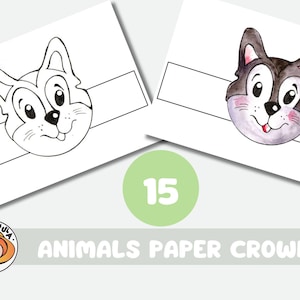 15 Animal Coloring Paper Crowns: Kids Printable Party Masks (PDF)
