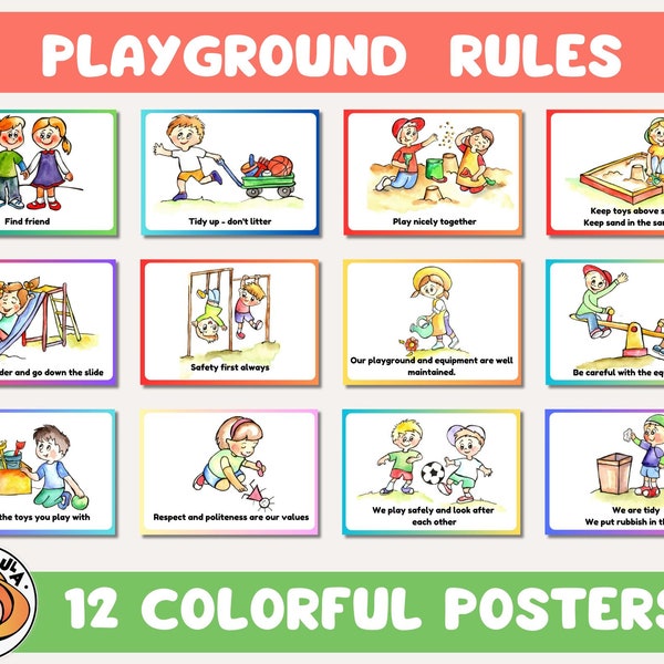 Playground Safety Rules Posters for kids, printable Kids Play Rules, outdoor Play Safety Instructions, attractiv design for toddlers JPG PDF