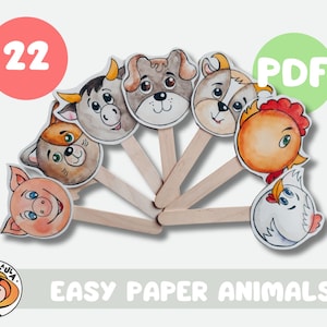 May include: A set of 22 printable paper animal puppets. The puppets are designed to be cut out and attached to sticks. The animals include a pig, cat, bull, dog, chicken, and rooster. The image includes the text "PDF" and "EASY PAPER ANIMALS".