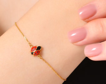 Pulsera de mariquita, pulsera de mariquita, pulsera de mariquita de plata, pulsera de oro rosa, pulsera de mariquita de encanto de plata, pulsera de animal de la suerte