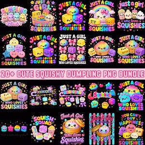 Könnte beinhalten: Eine digitale Sammlung von über zwanzig farbenfrohen grafischen Illustrationen mit Kawaii-Knödeln, Butterblöcken und verschiedenen knautschigen Formen mit lächelnden Gesichtern, begleitet von Texten wie Just A Girl Who Loves Squishies.