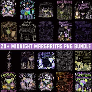 Puede incluir: Una colección digital de más de 20 ilustraciones gráficas con temas de cócteles, que incluyen margaritas, bebidas de lima y coco, botellas de tequila y elementos místicos como lunas, ranas y motivos de brujería con texto sobre fondos negros.