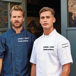 Personalised Denim Short Sleeve, Zipped Custom Chef Jacket with Name, Flags or Logo Embroidery, Unisex Chef Jacket with Zip Closure