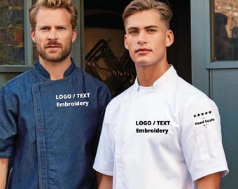 Personalized Denim Chef Jacket with Custom Embroidery, Unisex Short Sleeve