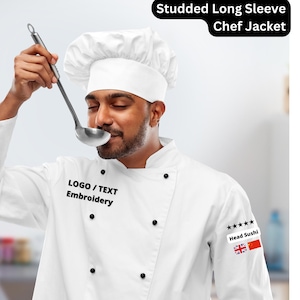 Personalised Studded Chef Jacket with Name, Text or Logo Embroidery, Women&#39;s and Men&#39;s Chef Jacket with Custom Embroidery.