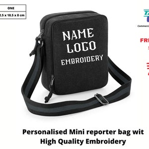 Personalised Mini Reporter Bag With Name, Text or Logo embroidered , Mini Hand Bag , Travel Bag ,Custom personalised initial name on Bag