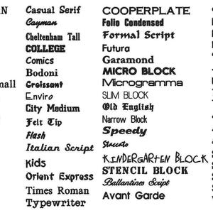 May include: A black and white image of a list of different font names. The font names are organized into columns. The font names include: Algerian, Anaconda, Angle Block, Arnold, Art Block, Athletica, Roman Small, Text Block, Bauhaus, Blacklight, Block 1, Block 2, Book Script, Castle, Chancery, Carla, Casual Serif, Cayman, Cheltenham Tall, College, Comics, Bodoni, Croissant, Enviro, City Medium, Felt Tip, Flash, Italian Script, Kids, Orient Express, Times Roman, Typewriter, Cooperplate, Folio Condensed, Formal Script, Futura, Garamond, Micro Block, Microgramma, Slim Block, Old English, Narrow Block, Speedy, Staccato, Kindergarten Block, Stencil Block, Ballantines Script, Avant Garde, Hana, Helvetica, Hobo, Lubik, Woodstock, Poetic Script, Urbane, Racer, Tahoma, Script 1, Script 2, Script 3, Serif 1, Serif 2, Serif 3, Swiss, Veranda.