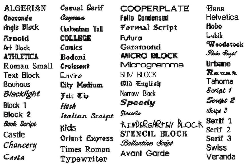 May include: A black and white image of a list of different font names. The font names are organized into columns. The font names include: Algerian, Anaconda, Angle Block, Arnold, Art Block, Athletica, Roman Small, Text Block, Bauhaus, Blacklight, Block 1, Block 2, Book Script, Castle, Chancery, Carla, Casual Serif, Cayman, Cheltenham Tall, College, Comics, Bodoni, Croissant, Enviro, City Medium, Felt Tip, Flash, Italian Script, Kids, Orient Express, Times Roman, Typewriter, Cooperplate, Folio Condensed, Formal Script, Futura, Garamond, Micro Block, Microgramma, Slim Block, Old English, Narrow Block, Speedy, Staccato, Kindergarten Block, Stencil Block, Ballantines Script, Avant Garde, Hana, Helvetica, Hobo, Lubik, Woodstock, Poetic Script, Urbane, Racer, Tahoma, Script 1, Script 2, Script 3, Serif 1, Serif 2, Serif 3, Swiss, Veranda.