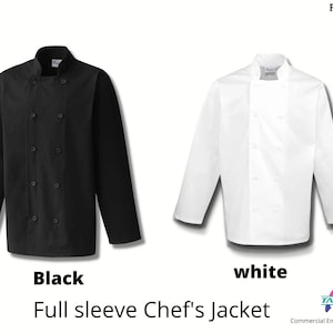 May include: Two chef jackets, one black and one white, with long sleeves and a double-breasted button closure.  Full sleeve Chef's Jacket. FREE LOGO SETUP.