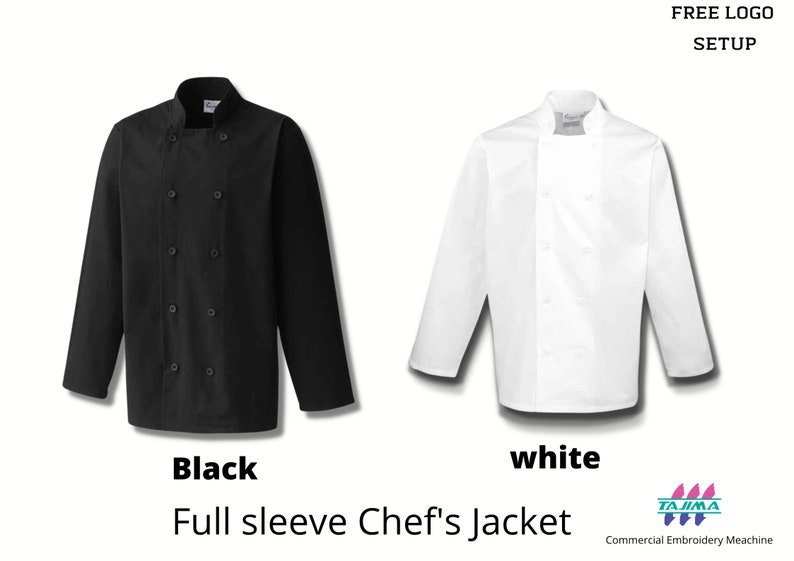 May include: Two chef jackets, one black and one white, with long sleeves and a double-breasted button closure.  Full sleeve Chef's Jacket. FREE LOGO SETUP.